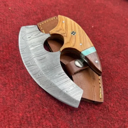 Custom Damascus steel Ulu knife with a curved blade and wooden handle