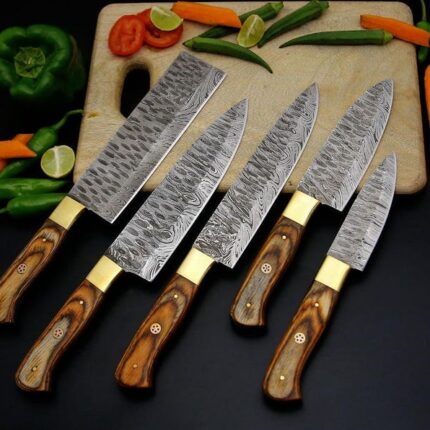 Handmade Damascus steel chef set with wooden handles